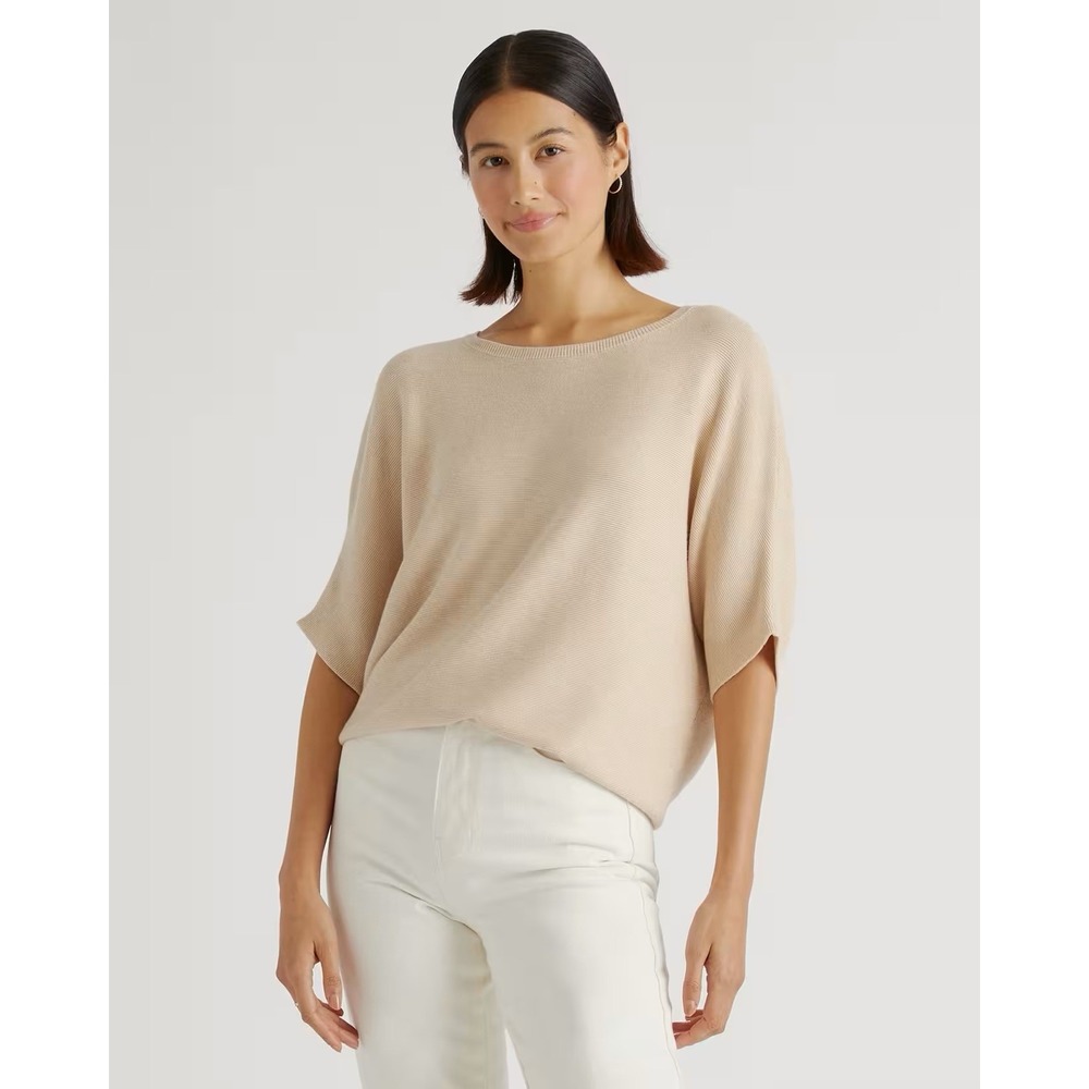 Lightweight Cotton Cashmere Link-Stitch Dolman Sweater Small Beige
